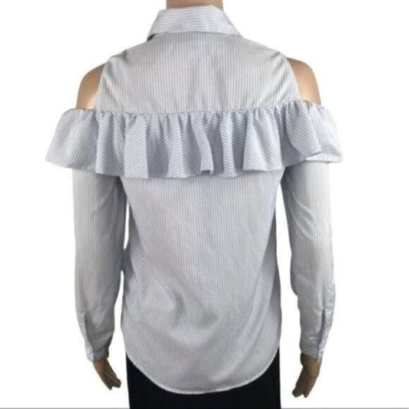 Topshop Cold shoulder Ruffled striped button down collared shirt 4 - Picture 3 of 7